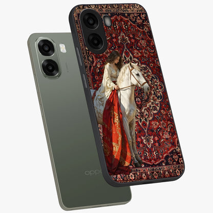 Royal Rider Tapestry Glass Case displayed in angled mockup highlighting traditional tapestry design with royal heritage aesthetic.