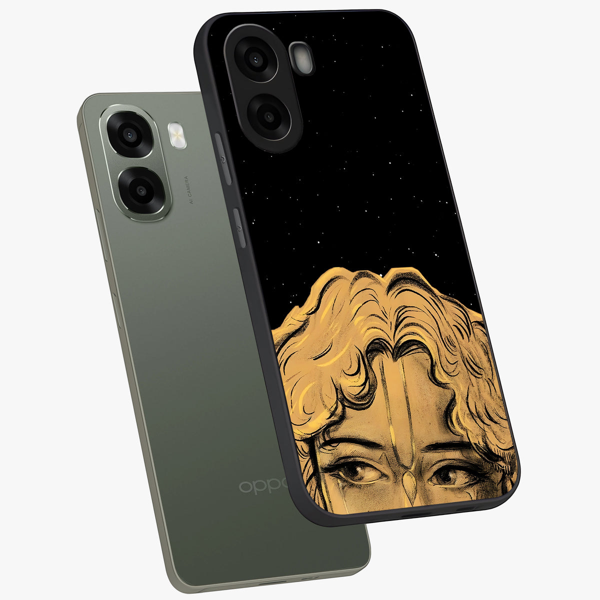 Shri Krishna Art Glass Case displayed in angled mockup highlighting spiritual Krishna illustration with divine aesthetic.