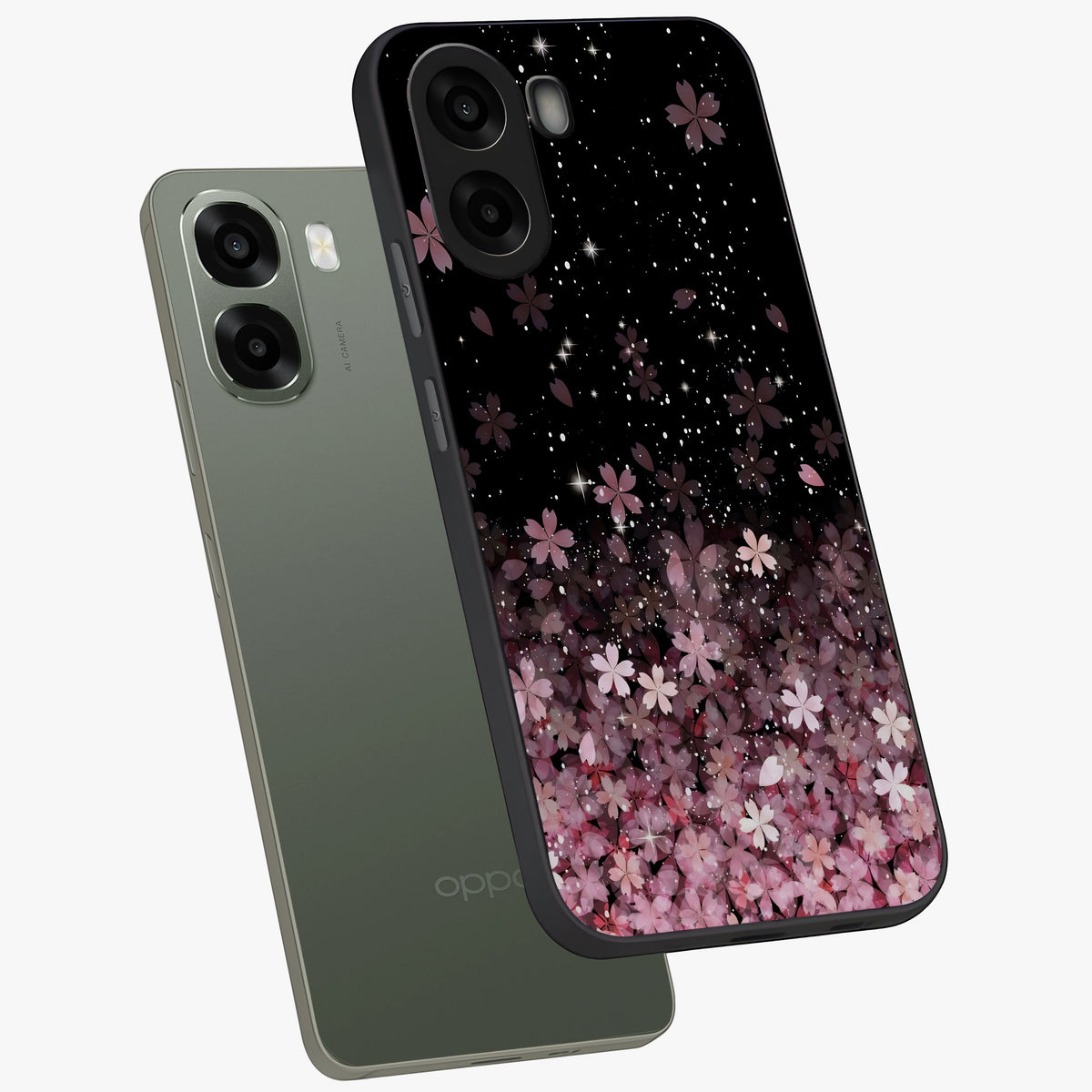 Small Starry Flowers Glass Case displayed in angled mockup highlighting tiny flower pattern with celestial aesthetic style.