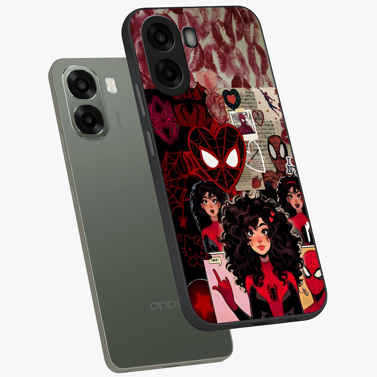 Spider Love Story Glass Case displayed in angled mockup highlighting expressive comic inspired design with playful aesthetic.
