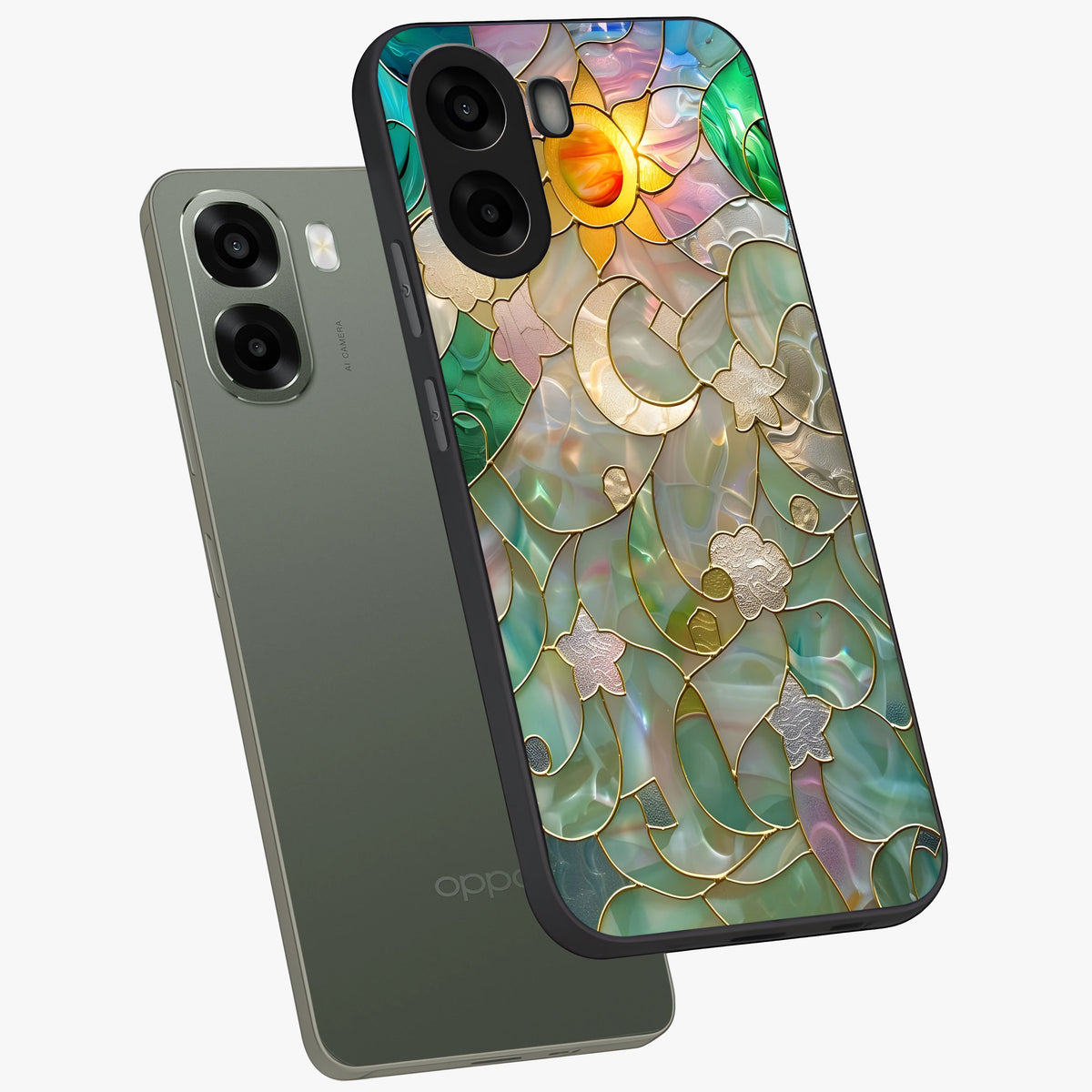 Stained Sunrise Glow Glass Case displayed in angled mockup highlighting radiant sunrise design with artistic aesthetic style.