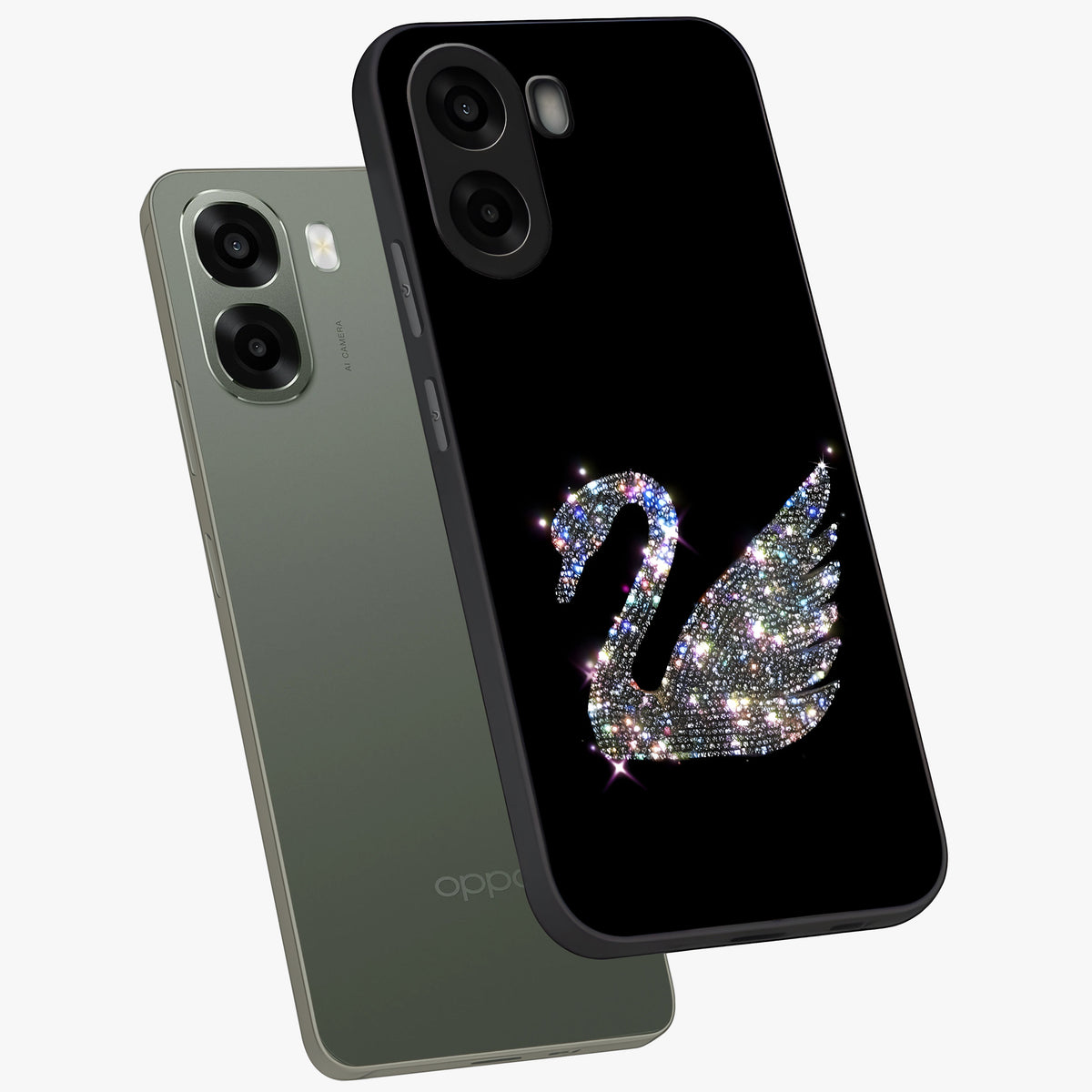Starlit Swan Grace Glass Case displayed in angled mockup highlighting elegant swan illustration with dreamy celestial aesthetic.