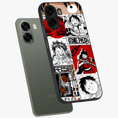 Strawhat Chaos Panels Glass Case displayed in angled mockup highlighting vibrant anime collage design with action aesthetic.