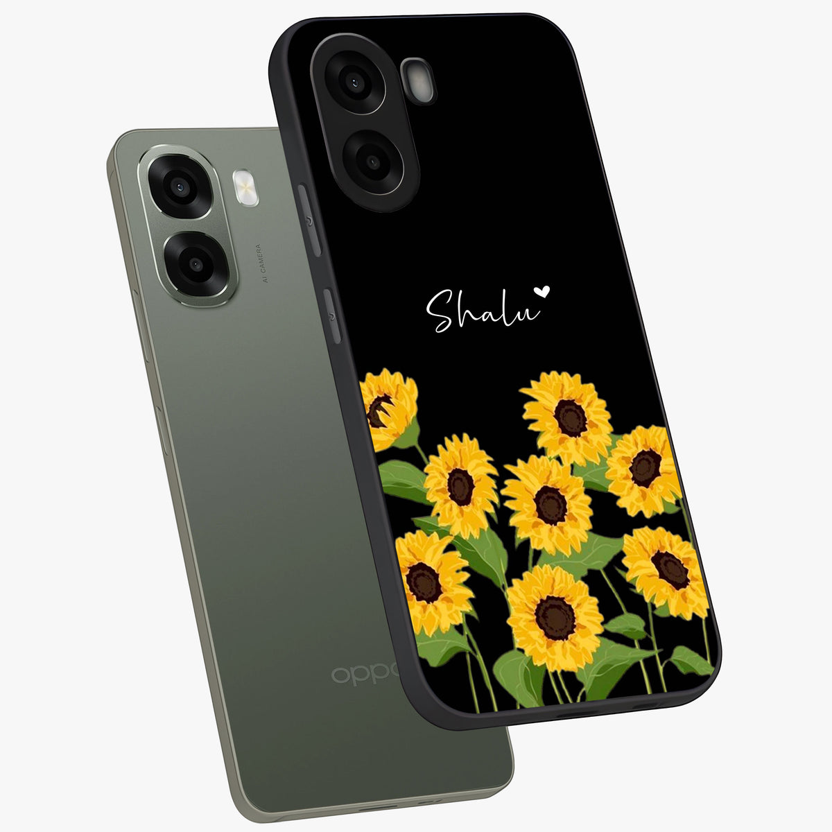 Sunflower Chic Mood Custom Name Glass Case displayed in angled mockup highlighting vibrant sunflower design with custom name feature.