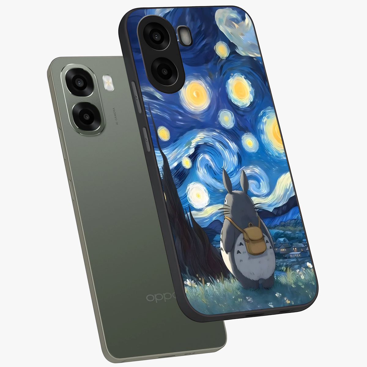 Totoro In Van Gogh Art Glass Case displayed in angled mockup highlighting artistic swirling sky design with playful animation aesthetic.