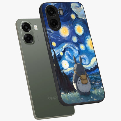 Totoro In Van Gogh Art Glass Case displayed in angled mockup highlighting artistic swirling sky design with playful animation aesthetic.