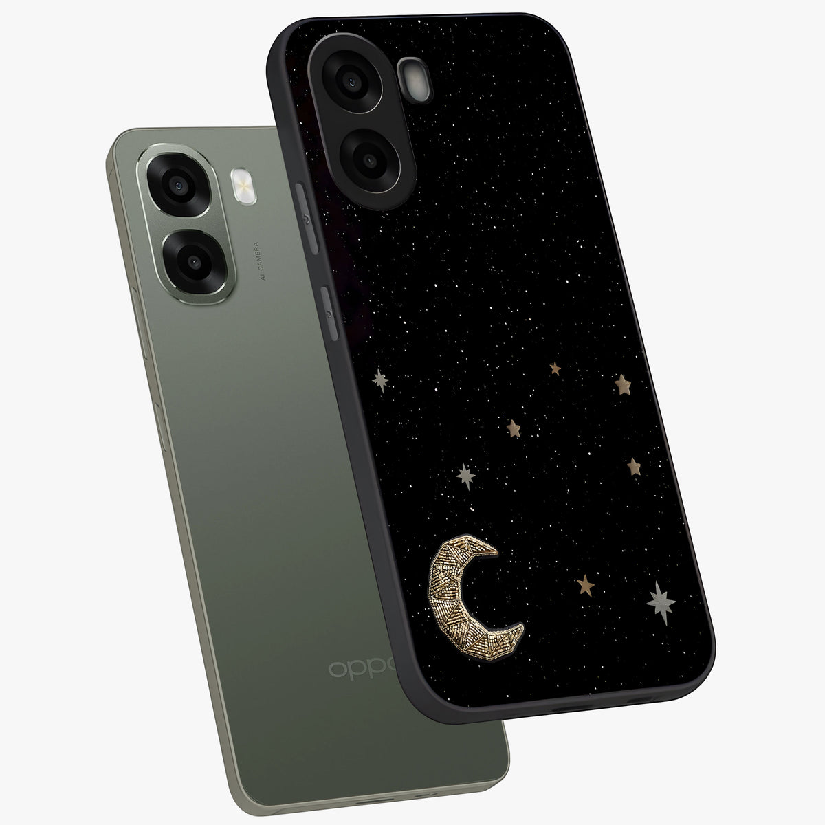 Twinkle Star With Half Moon Glass Case displayed in angled mockup highlighting celestial moon and star design with magical aesthetic.
