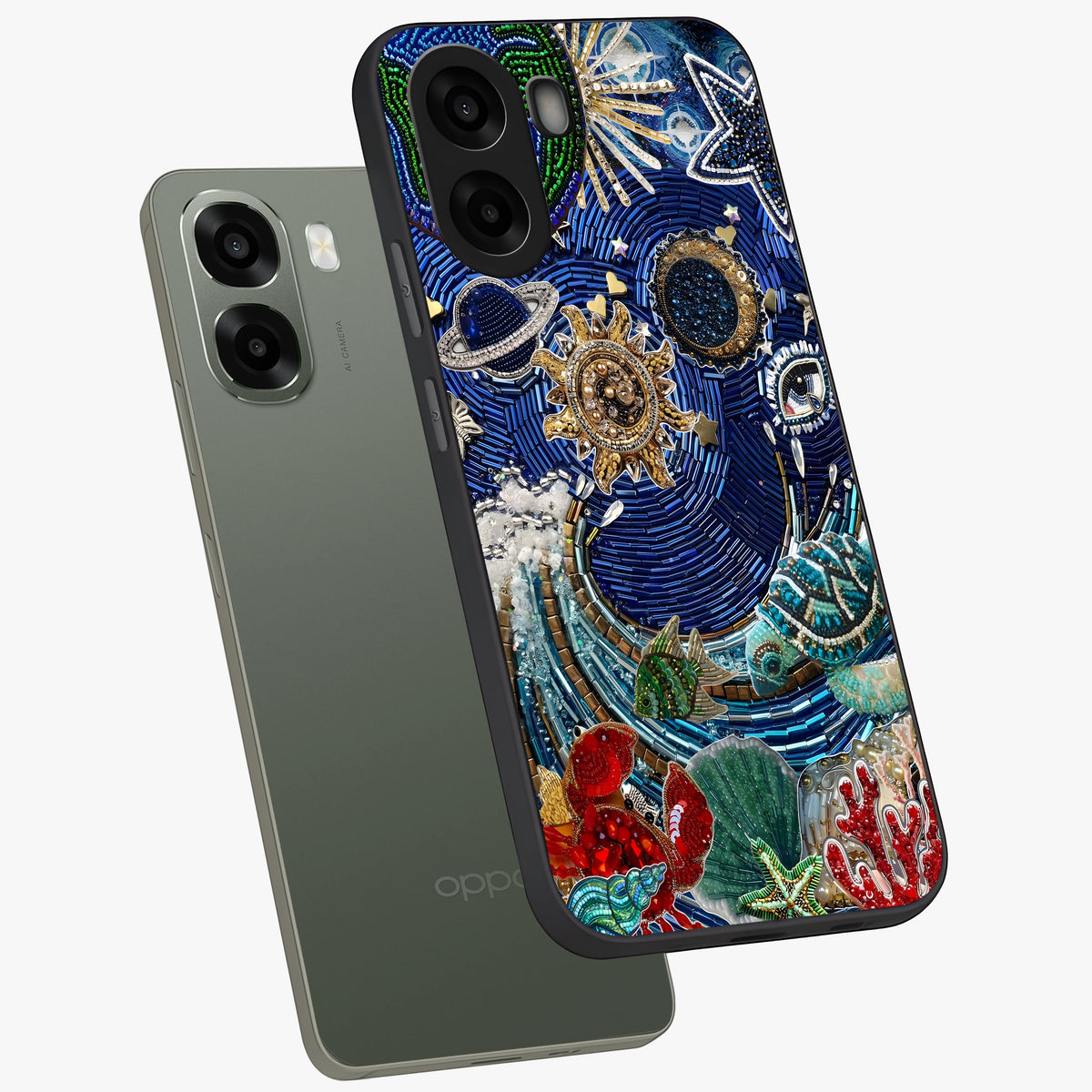 Universe Underwater Spark Glass Case displayed in angled mockup highlighting glowing aquatic design with celestial aesthetic.