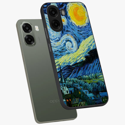 Van Gogh Art Glass Case displayed in angled mockup highlighting swirling brushstroke design with artistic aesthetic.