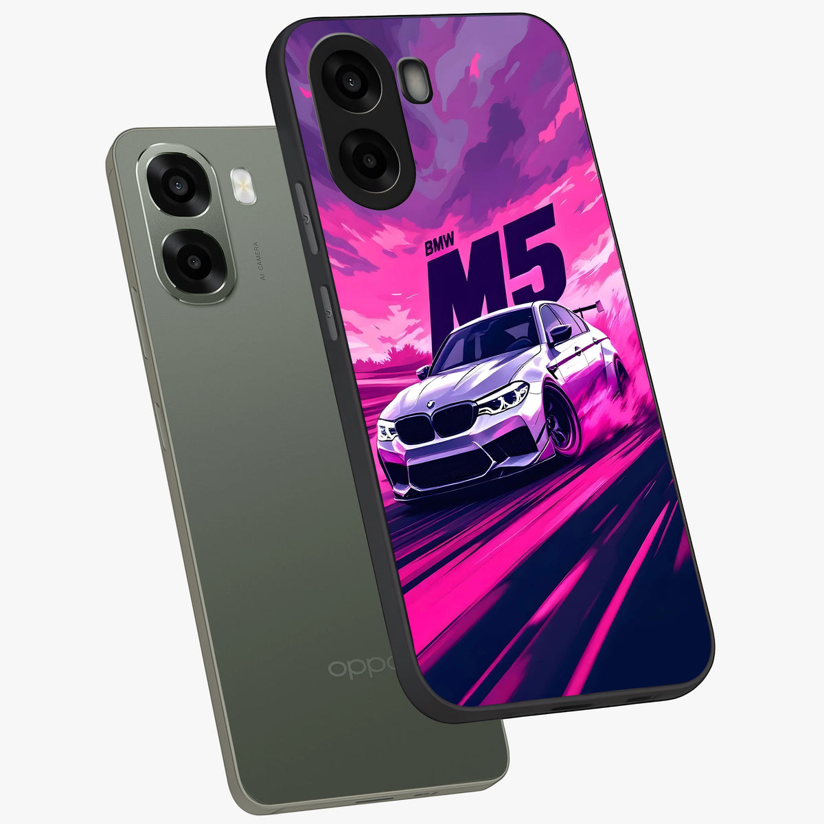 Velocity Drift Pulse Glass Case displayed in angled mockup highlighting dynamic drift design with sporty automotive aesthetic.
