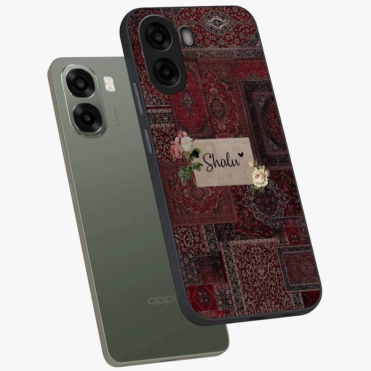 Velvet Wine Pattern Custom Name Glass Case displayed in angled mockup highlighting decorative velvet inspired design with custom name feature.