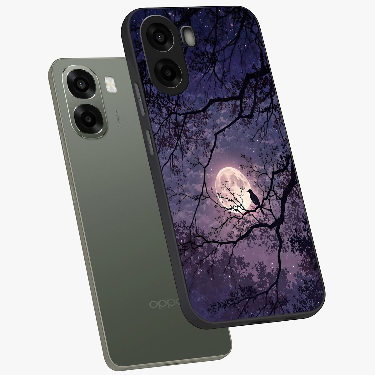 Whispering Moon Silence Glass Case displayed in angled mockup highlighting calm lunar design with dreamy night aesthetic.