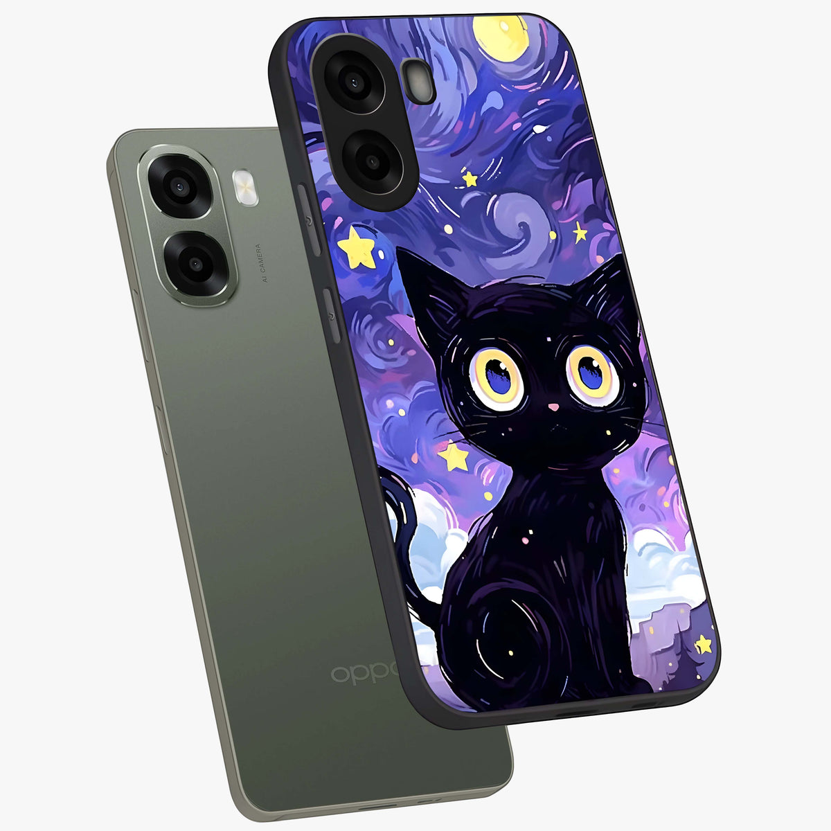 Abstract Cat Art Glass Case upright view showcasing creative feline illustration and aesthetic artistic style.