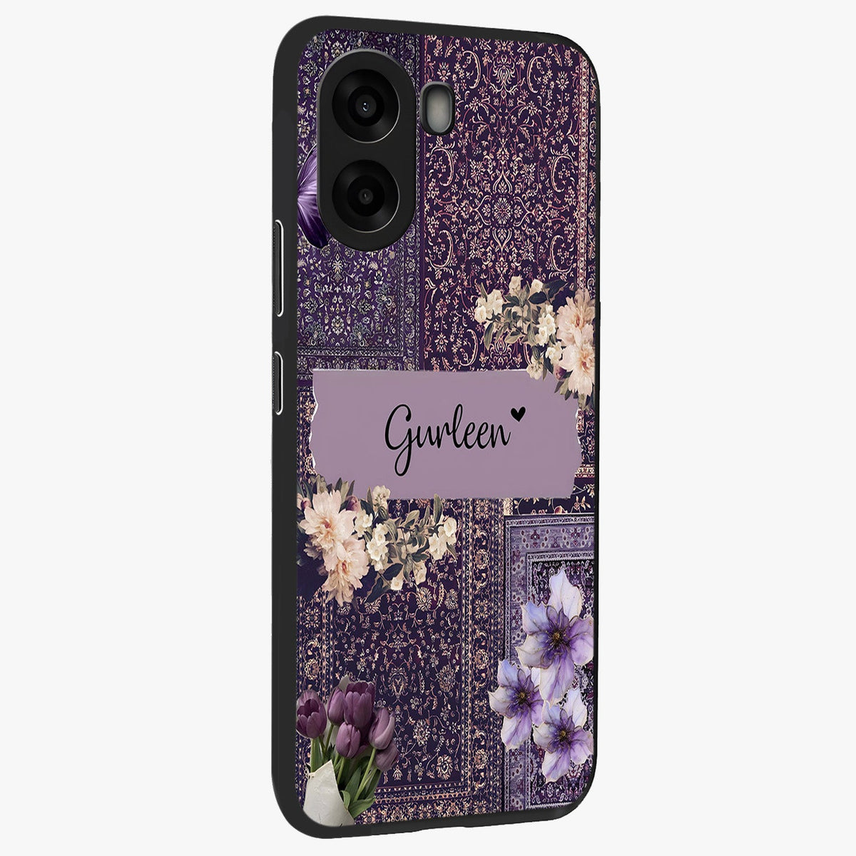 Antique Floral Whisper Custom Name Glass Case upright view showcasing delicate floral artwork with custom name feature.
