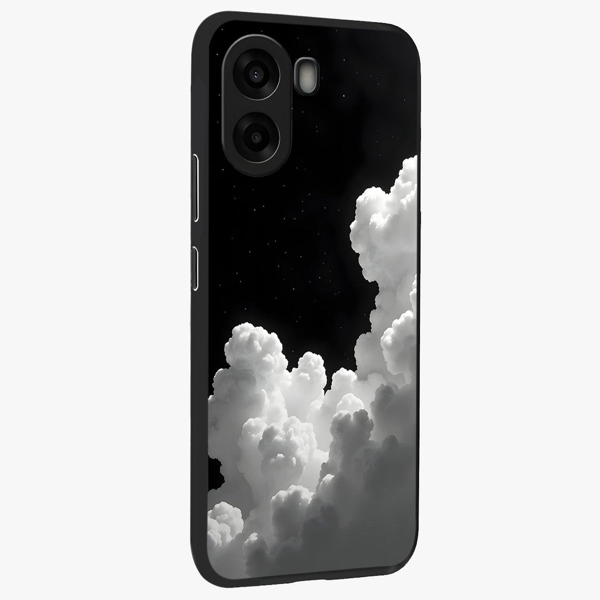 Black Background With White Cloud Glass Case upright view showcasing calm cloud aesthetic with modern minimal style.
