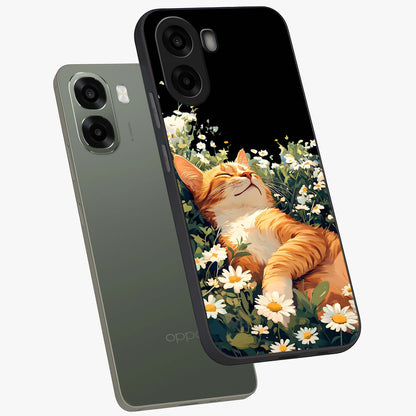 Blissful Bloom Cat Glass Case upright view showcasing charming cat design surrounded by blooming floral elements.