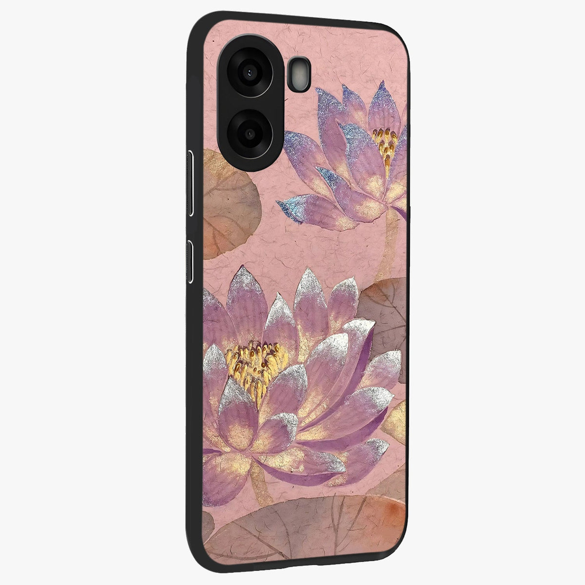 Blossom Mist Lotus Glass Case upright view showcasing graceful lotus flower design with peaceful botanical style.