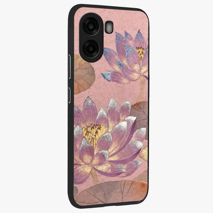 Blossom Mist Lotus Glass Case upright view showcasing graceful lotus flower design with peaceful botanical style.