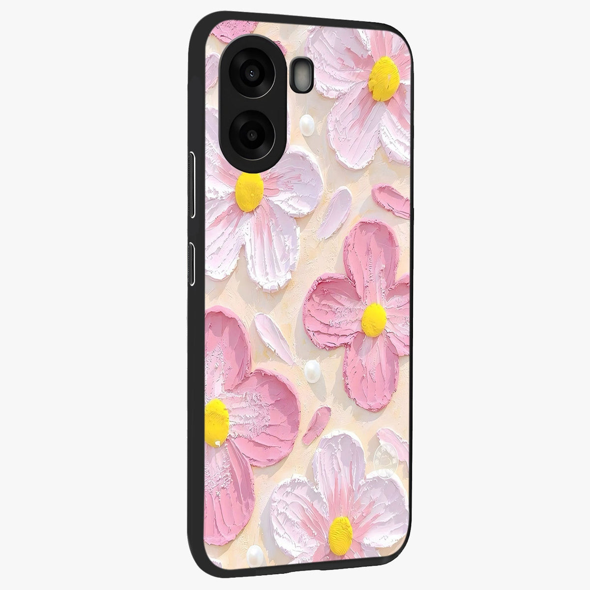 Blush Bloom Texture Glass Case upright view showcasing delicate blush floral texture with modern minimal style.