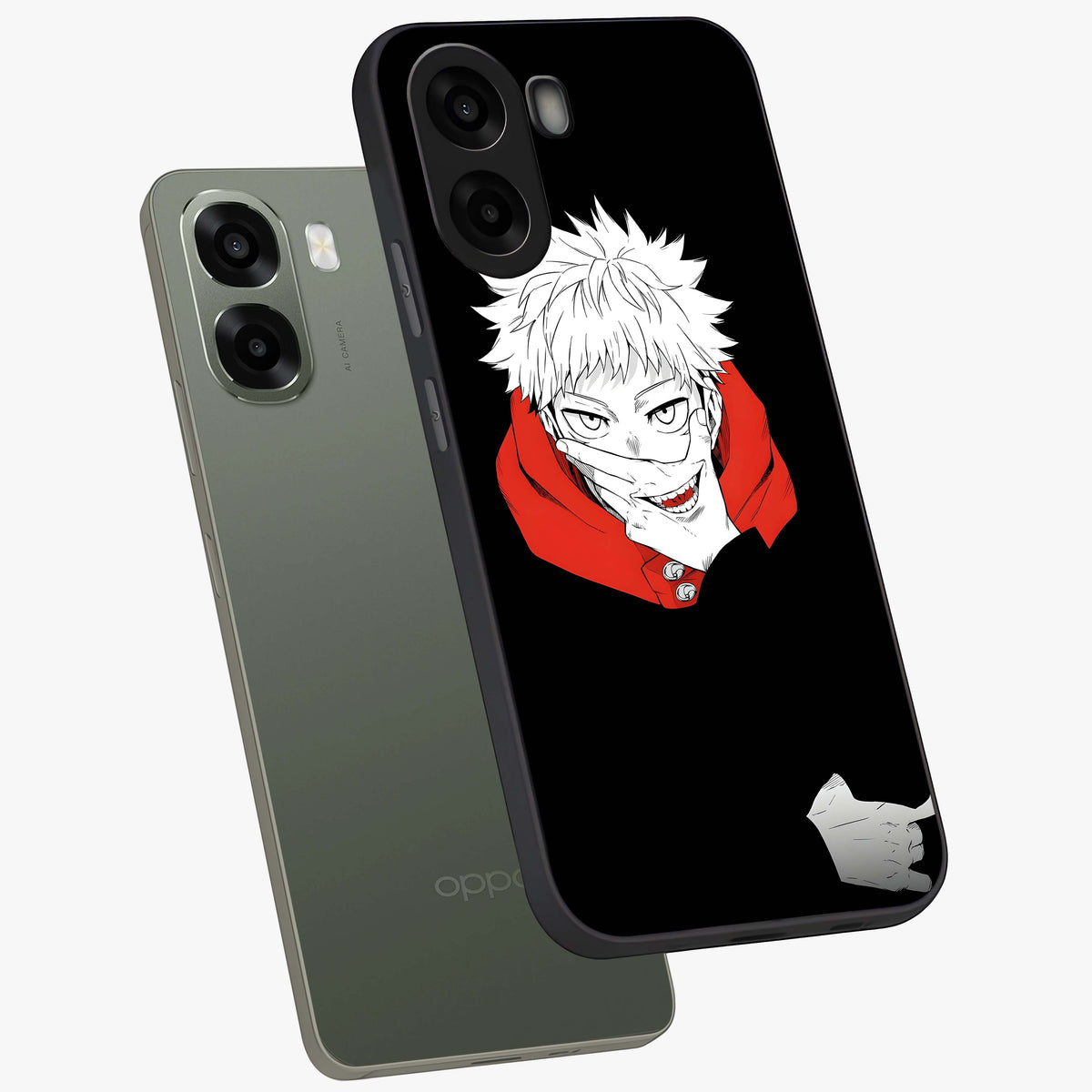 Crimson Chaos Smile Glass Case upright view showcasing expressive chaotic artwork with striking visual theme.