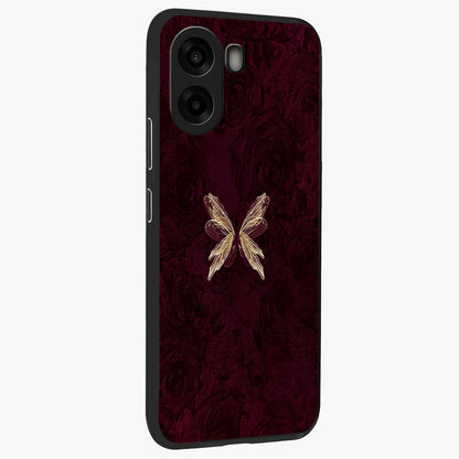 Crimson Fade Butterfly Glass Case upright view showcasing graceful butterfly artwork with soft crimson fade effect.
