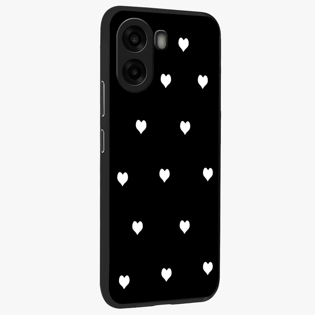 Cute And Simple White Hearts Glass Case upright view showcasing simple white hearts artwork with soft minimal theme.