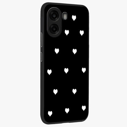 Cute And Simple White Hearts Glass Case upright view showcasing simple white hearts artwork with soft minimal theme.