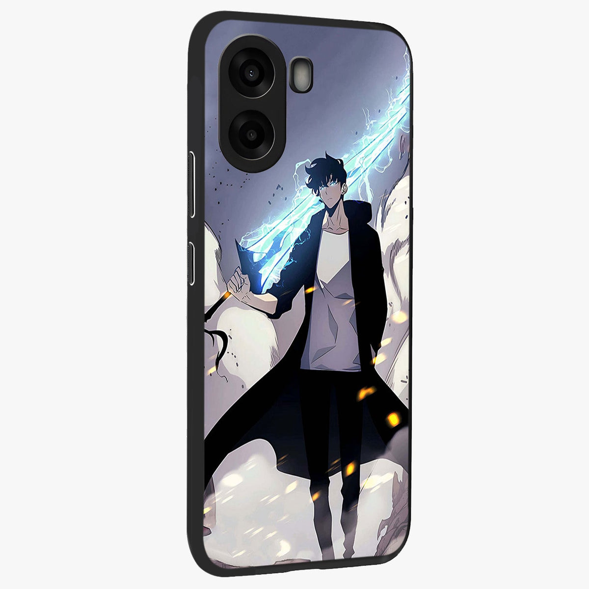 Dark Lightning Anime Warrior Glass Case upright view showcasing dramatic warrior artwork with dark lightning aesthetic.