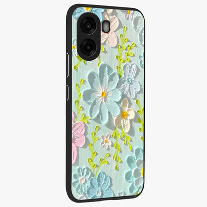 Frosted Petal Garden Glass Case upright view showcasing elegant floral garden artwork with soothing pastel theme.