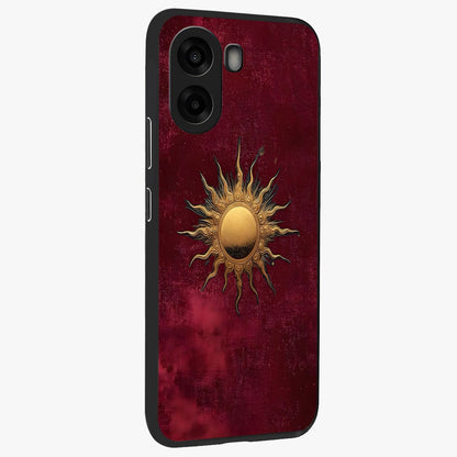Golden Sun Minimalism Glass Case upright view showcasing simple golden sun artwork with elegant minimalist style.
