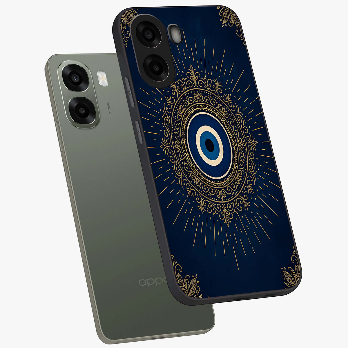 Golden Celestial Charm Glass Case upright view showcasing radiant celestial artwork with elegant golden theme.