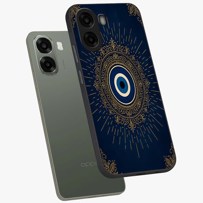Golden Celestial Charm Glass Case upright view showcasing radiant celestial artwork with elegant golden theme.
