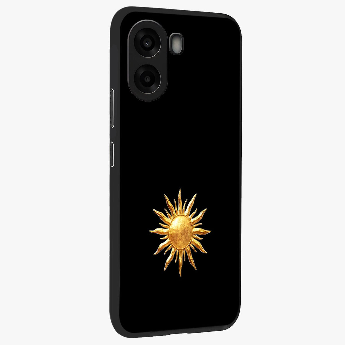 Golden Sun Minimalism Glass Case upright view showcasing haunting graveyard artwork with dramatic dark theme.
