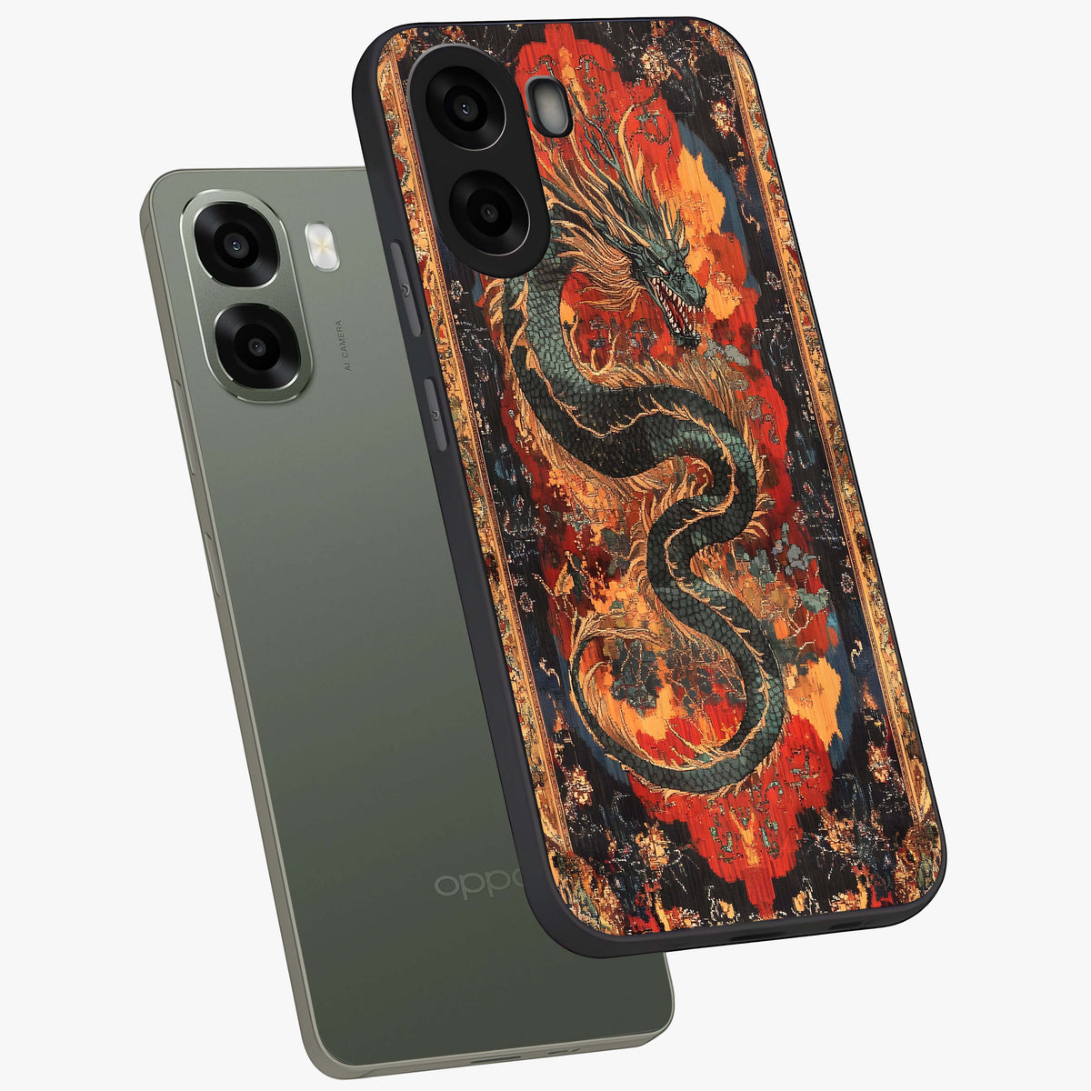 Inferno Dragon Soul Glass Case upright view showcasing intense dragon artwork with fantasy fire theme.
