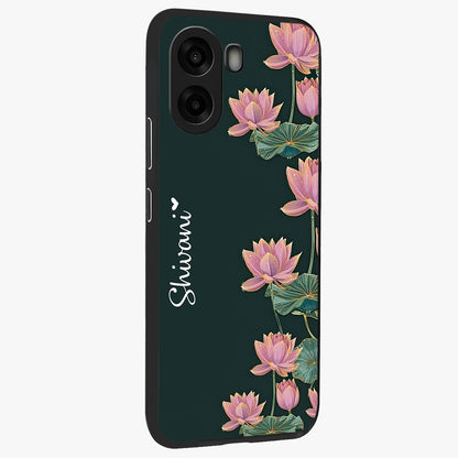 Lotus Bloom Serenity Custom Name Glass Case upright view showcasing serene lotus bloom artwork with personalized floral aesthetic.