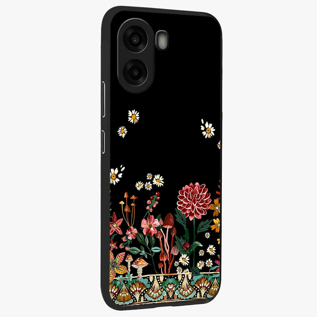 Midnight Bloom Pattern Glass Case upright view showcasing decorative floral artwork with deep night themed palette.
