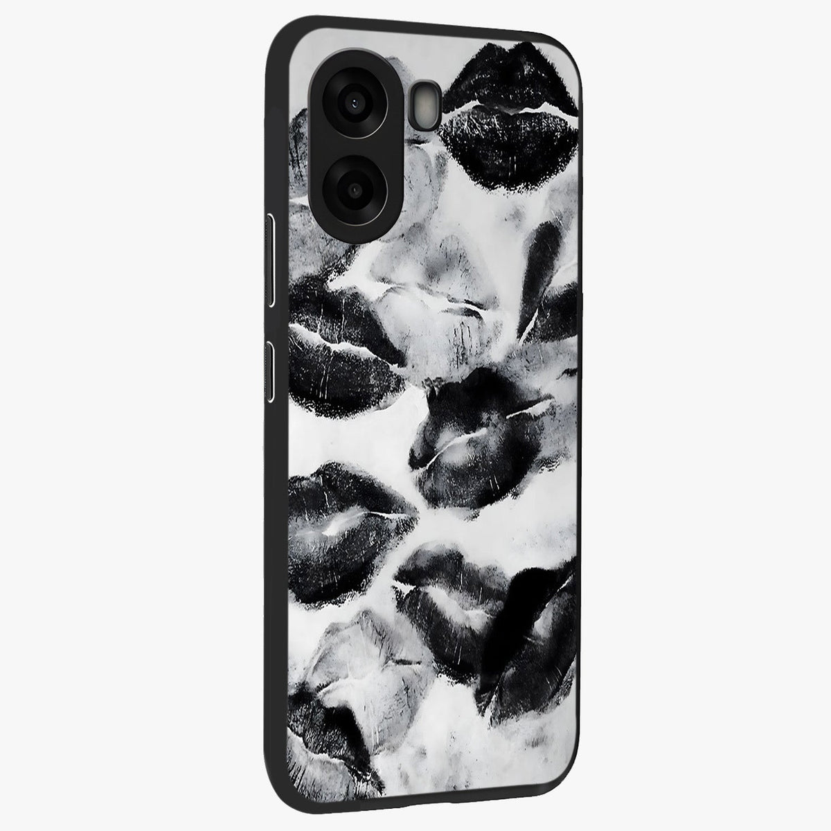 Midnight Kiss Marks Glass Case upright view showcasing stylish kiss mark artwork with trendy romantic theme.