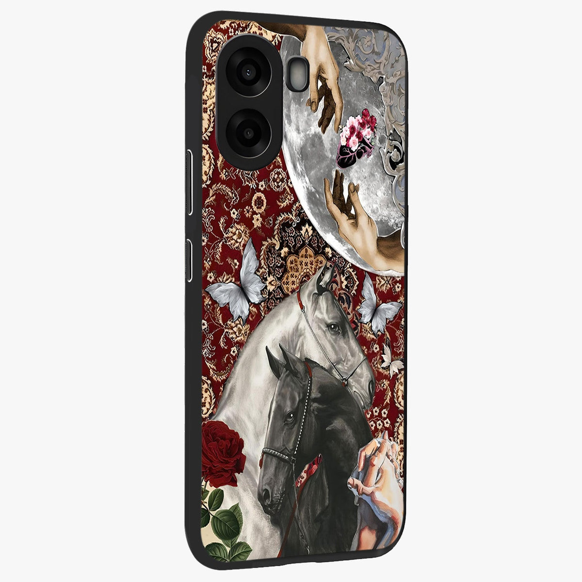 Moonlit Royal Stallion Glass Case upright view showcasing dramatic horse artwork with glowing moon themed design.