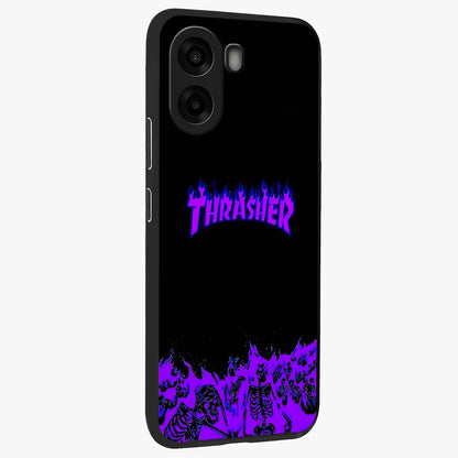 Neon Flame Riot Glass Case upright view showcasing dynamic flame artwork with energetic neon theme.