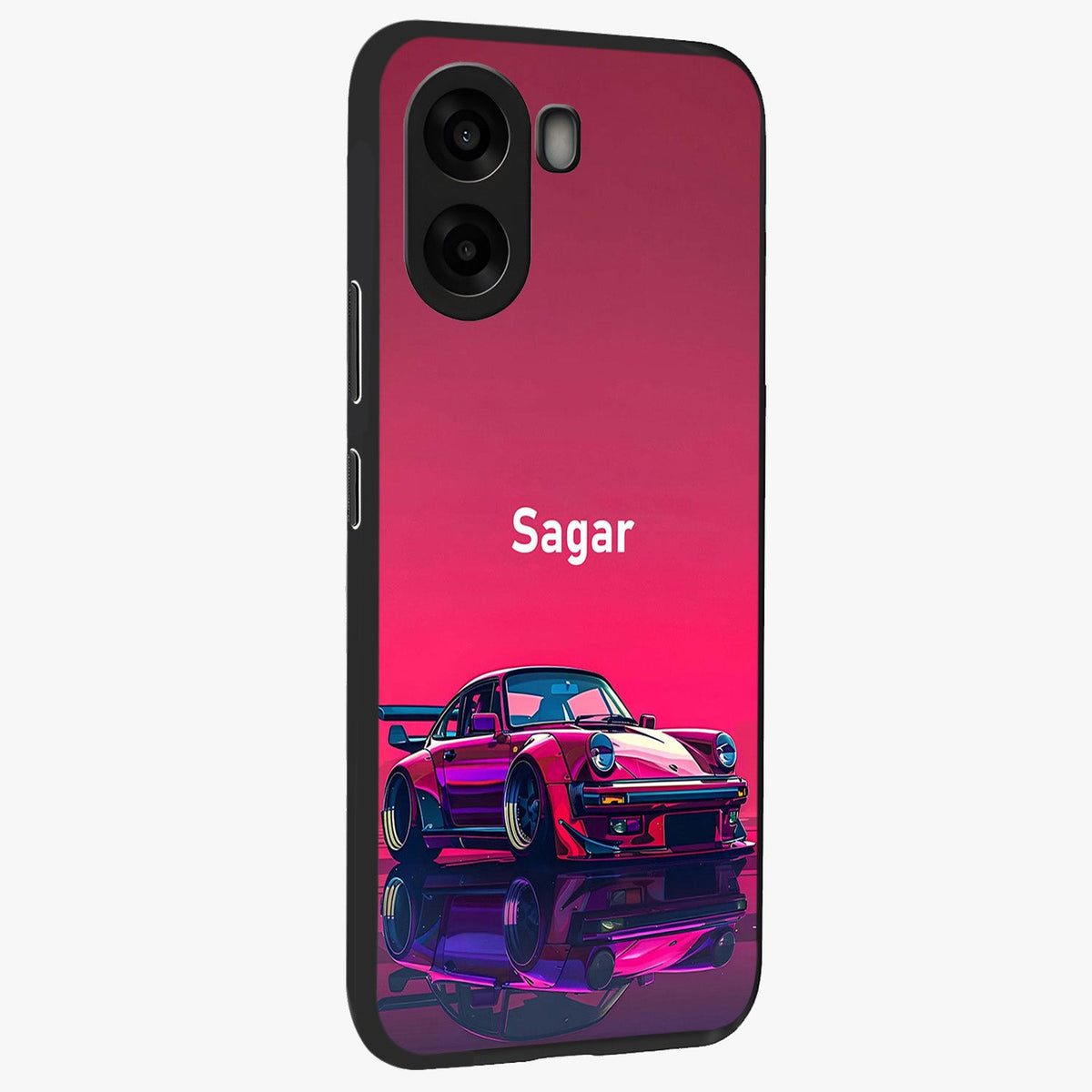 Neon Pink Porsche Glass Case upright view showcasing vibrant sports car artwork with bold automotive theme.