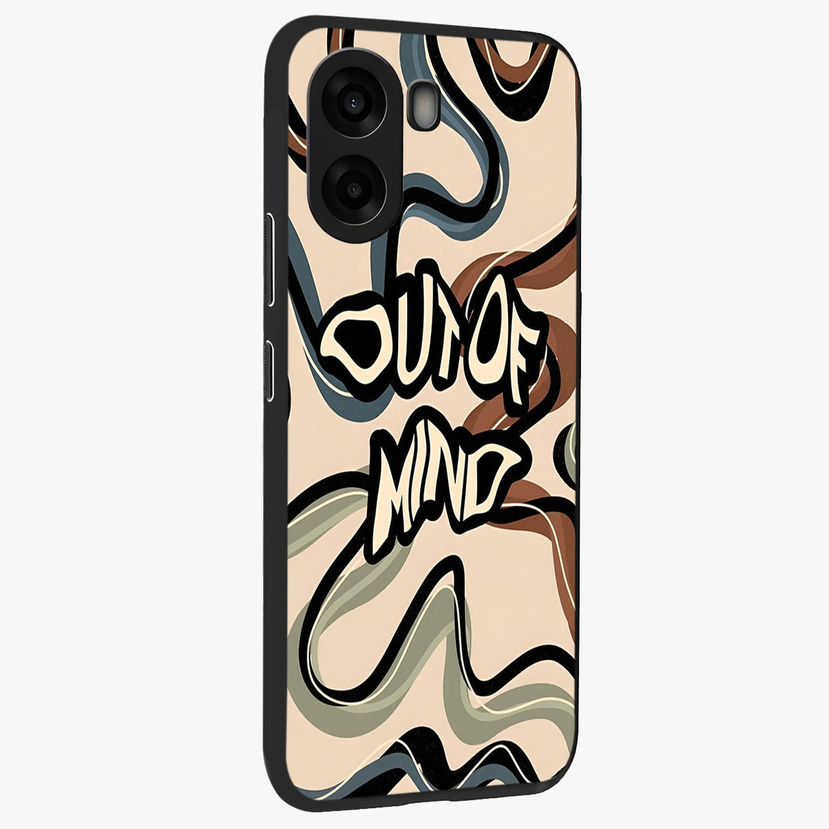 Out Of Mind Glass Case upright view showcasing striking typography artwork with edgy conceptual theme.