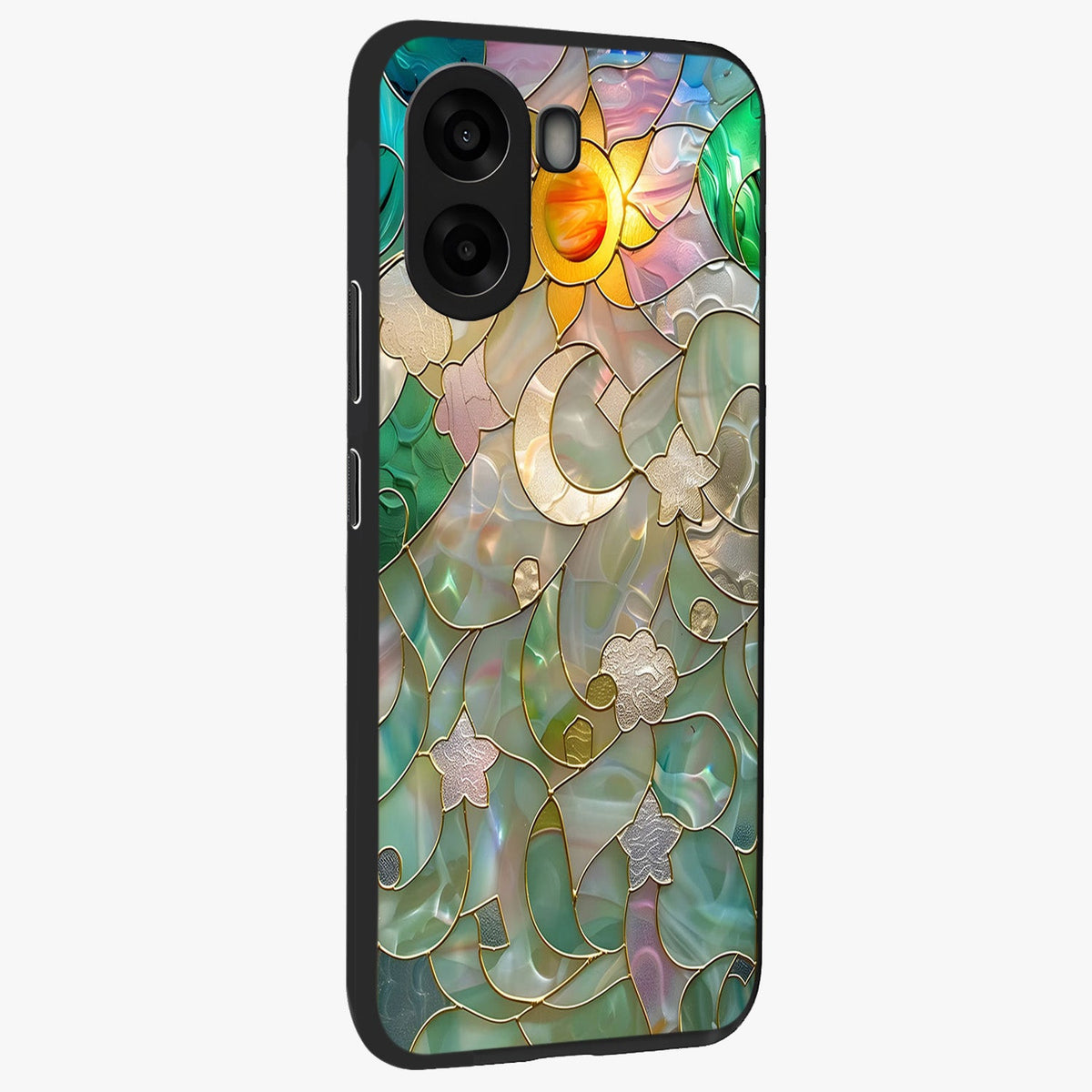 Stained Sunrise Glow Glass Case upright view showcasing colorful sunrise artwork with warm morning theme.