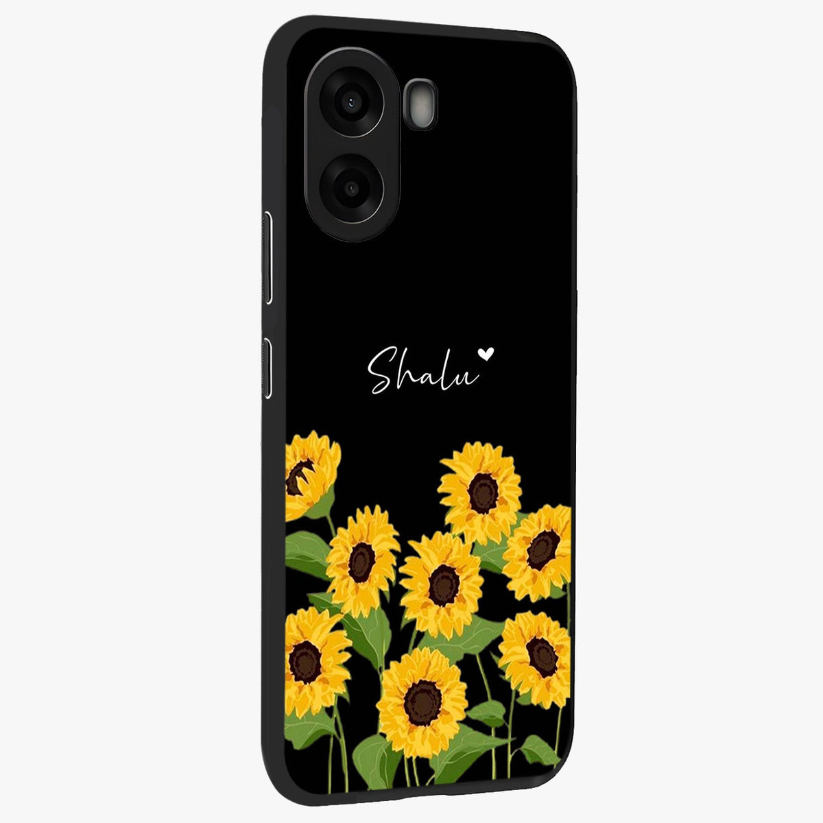 Sunflower Chic Mood Custom Name Glass Case upright view showcasing cheerful sunflower artwork with trendy floral theme.