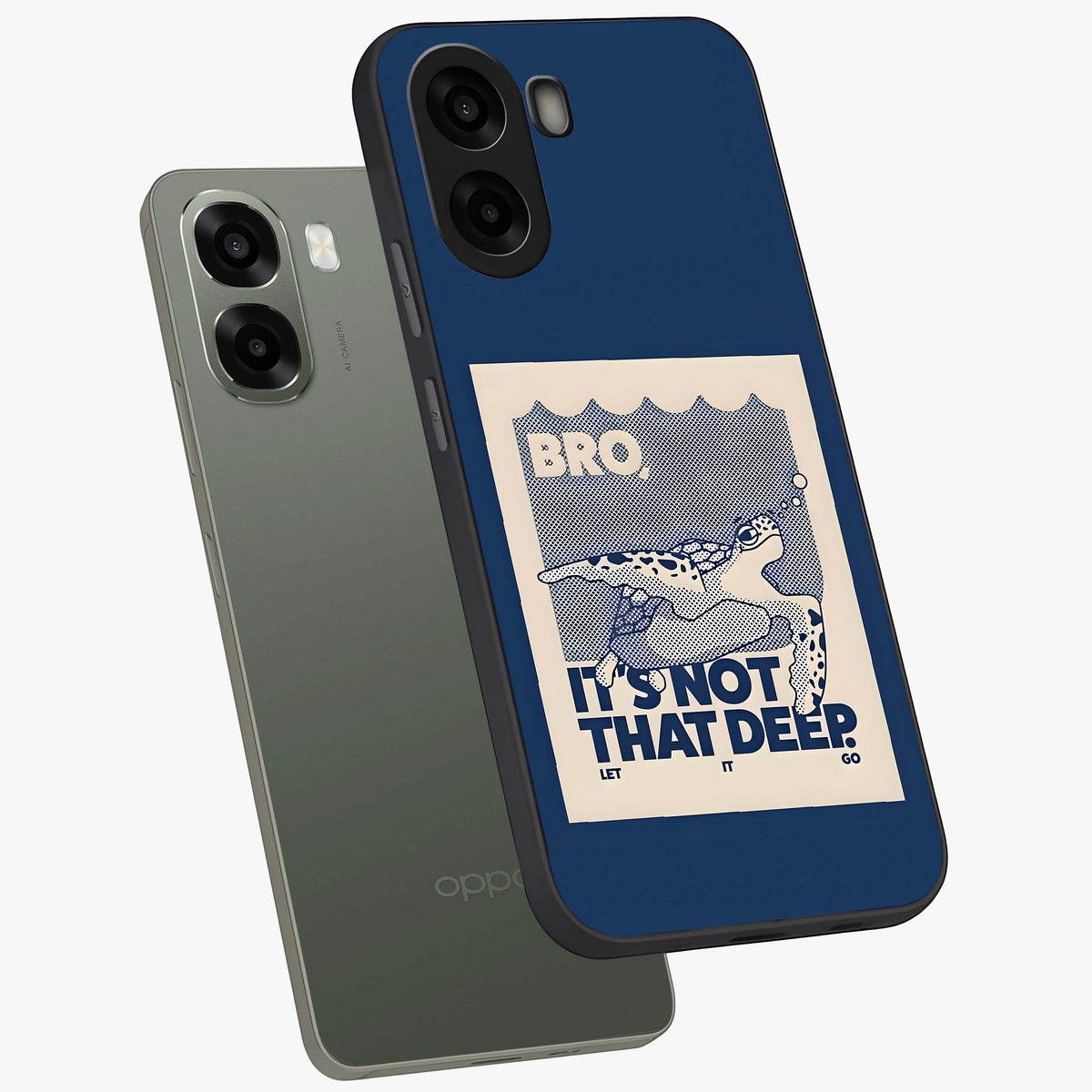 Worry Less Swim Glass Case upright view showcasing cheerful artistic artwork with carefree inspirational theme.
