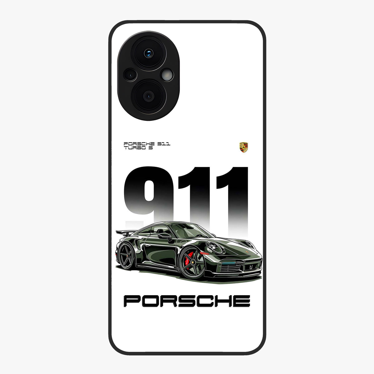 911 Turbo Dominance Glass Case showing clean flat back view with bold 911 sports car artwork and glossy glass finish.