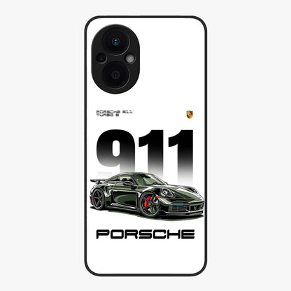 911 Turbo Dominance Glass Case showing clean flat back view with bold 911 sports car artwork and glossy glass finish.