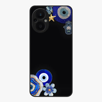 Aesthetic Blue Evil Eye Glass Case showing flat back view with protective evil eye artwork and glossy glass finish.