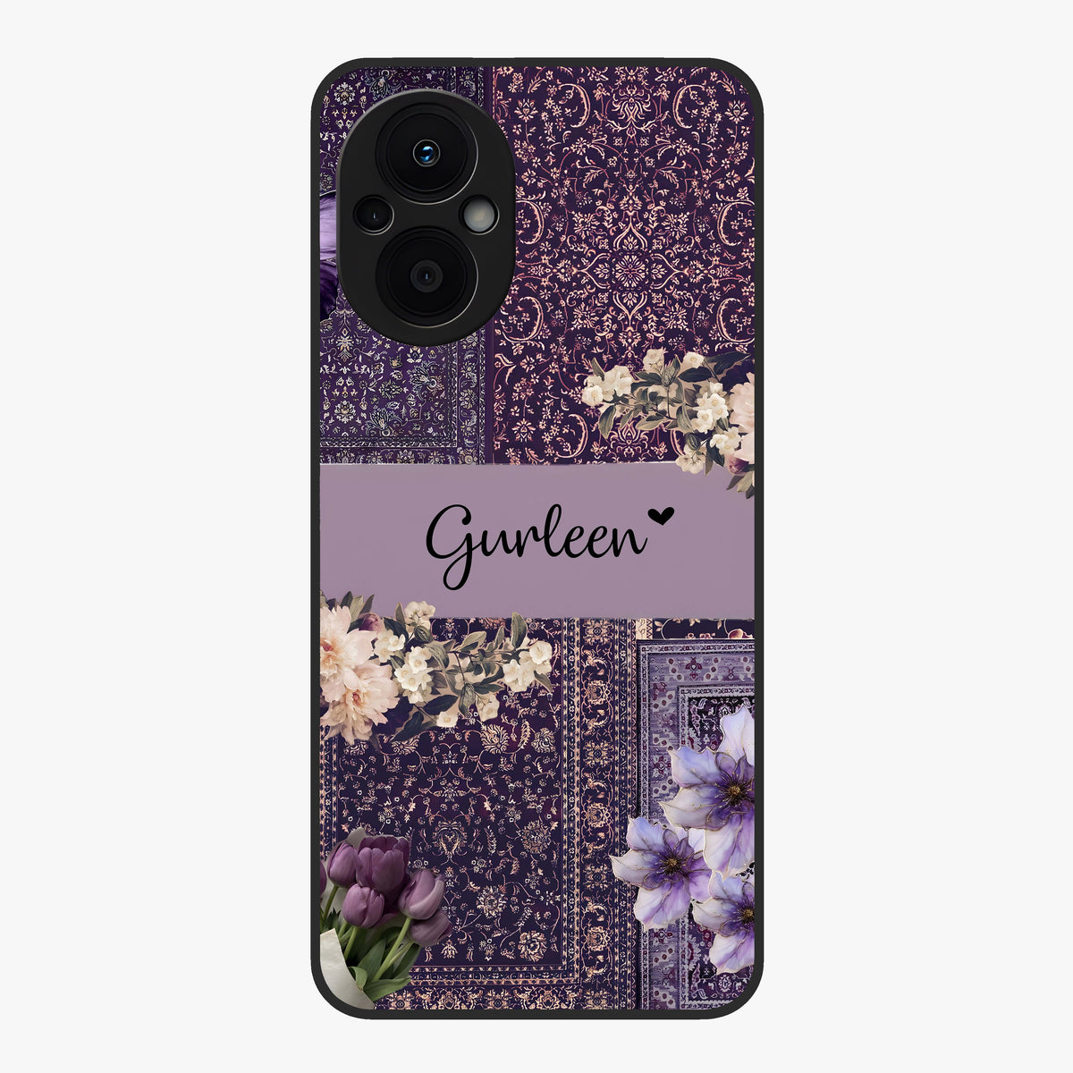 Antique Floral Whisper Custom Name Glass Case showing flat back view with vintage floral artwork and personalized name design.