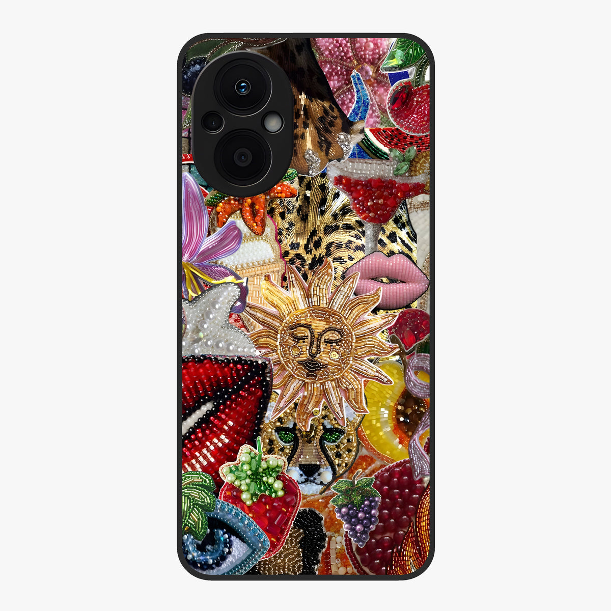 Beaded Fashion Jungle Glass Case showing flat back view with vibrant jungle inspired bead artwork and glossy glass finish.
