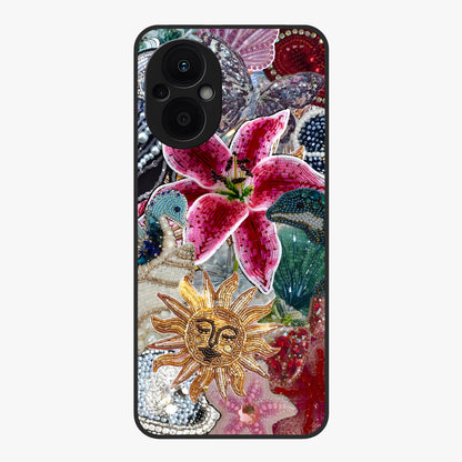 Beaded Garden Fantasy Glass Case showing flat back view with dreamy garden bead artwork and glossy glass finish.